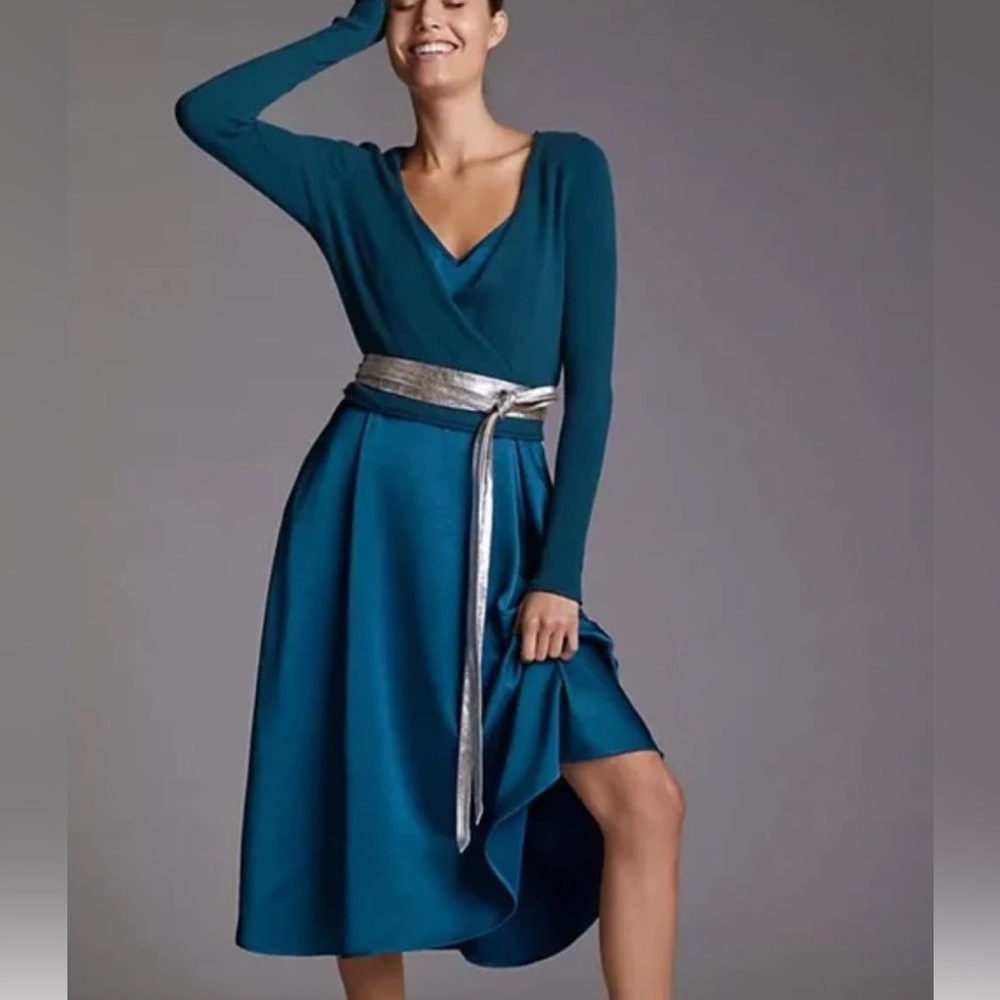 Beautiful blue-green Anthropologie dress, size large, small snag on sweater